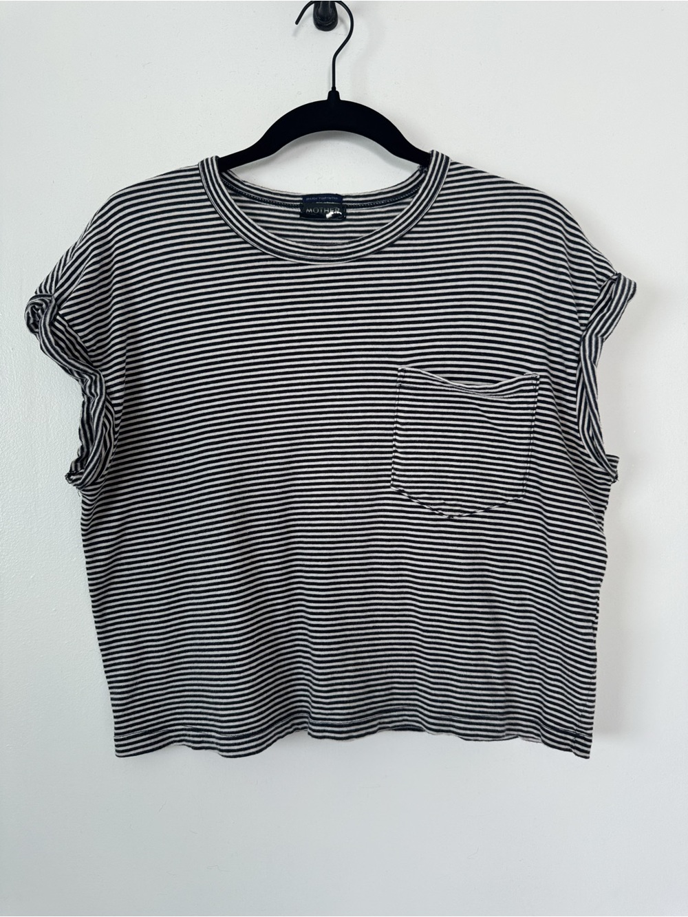 MOTHER Striped Boxy Cropped Pocket Tee Navy White Made in USA Size XS